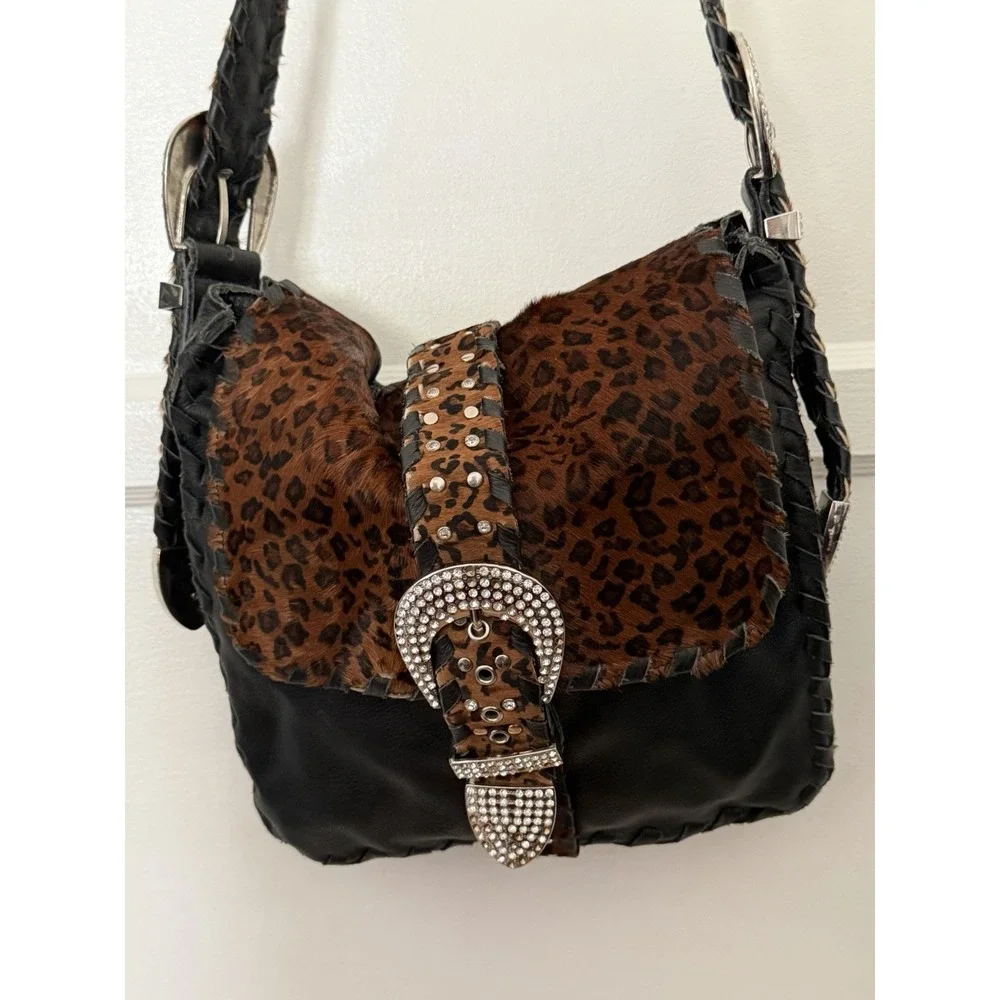Charm And Luck Bag Y2K Leather Ponyhair Rhinestones Buckles Stud‎ Gold VTG